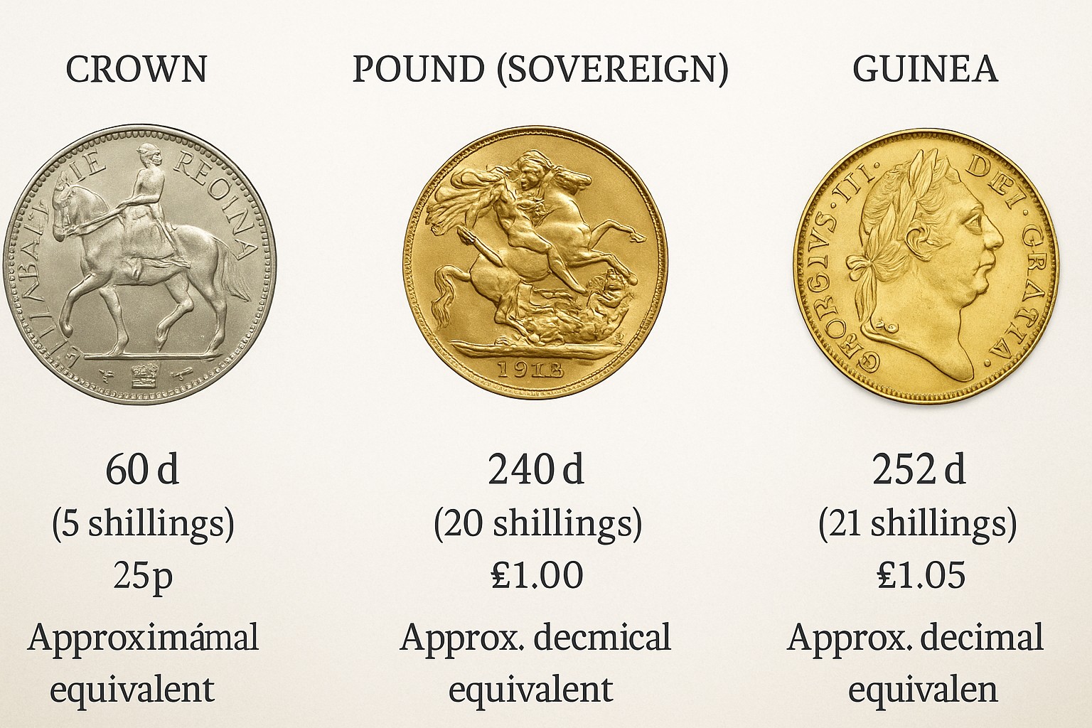 Photo of British Crown, Sovereign, and Guinea coins with values in pence