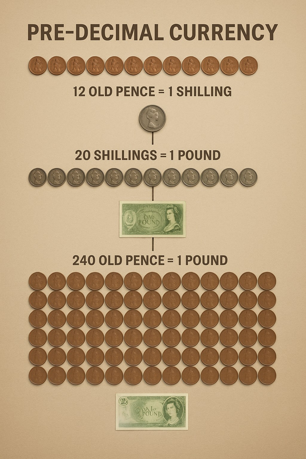 Infographic explaining pre-decimal British currency with shillings and pence