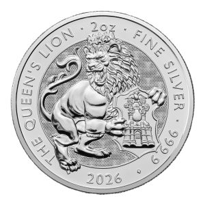 2026 Royal Mint Tudor Beasts Queen’s Lion 2oz Silver Coin featuring the Lion of England design